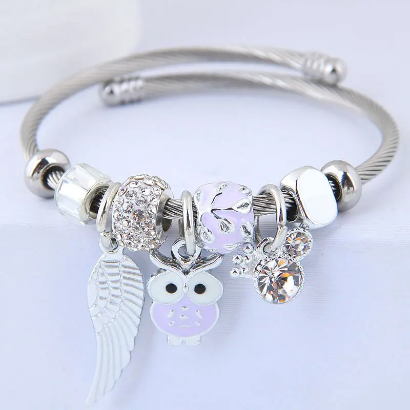 Stainless Steel Alloy Owl Charm Bangle - Silver-Purple Cute Whimsical Costume Jewelry Bracelet, Ideal for Daily Outfits & Casual Parties, Perfect Birthday Gift