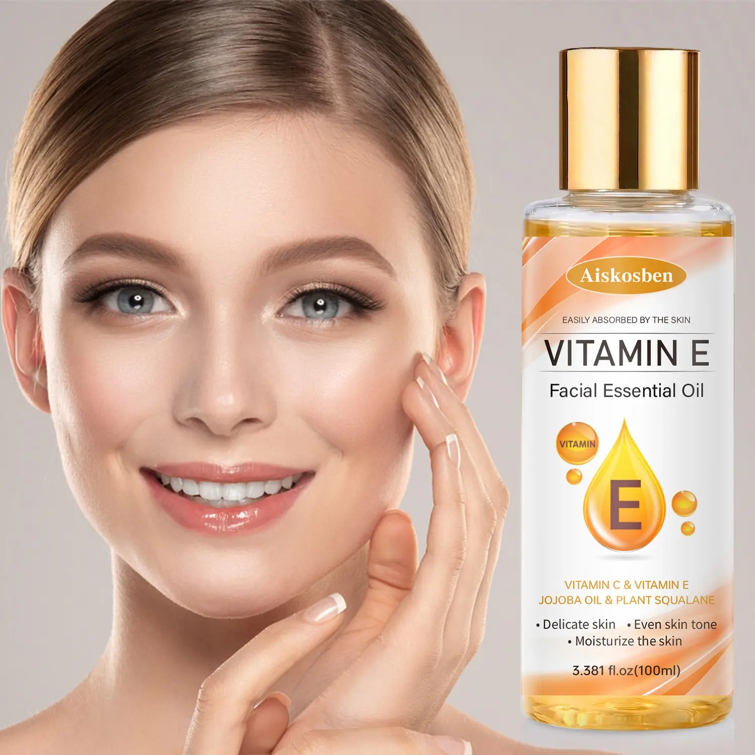 Vitamin E plant-based facial oil, easily absorbed, moisturizes dry skin, smooths roughness, deeply hydrates and evens skin tone, brightens dullness, nourishes and softens skin, locks in moisture, repairs and soothes roughness.