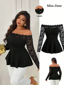 Women's Plus Size Off Shoulder Peplum Top Sheer Lace Long Sleeve Slim Fit Blouse Elegant Evening Party Date Night Clubwear Trendy，Patchwork Solid Color Knit Blouse