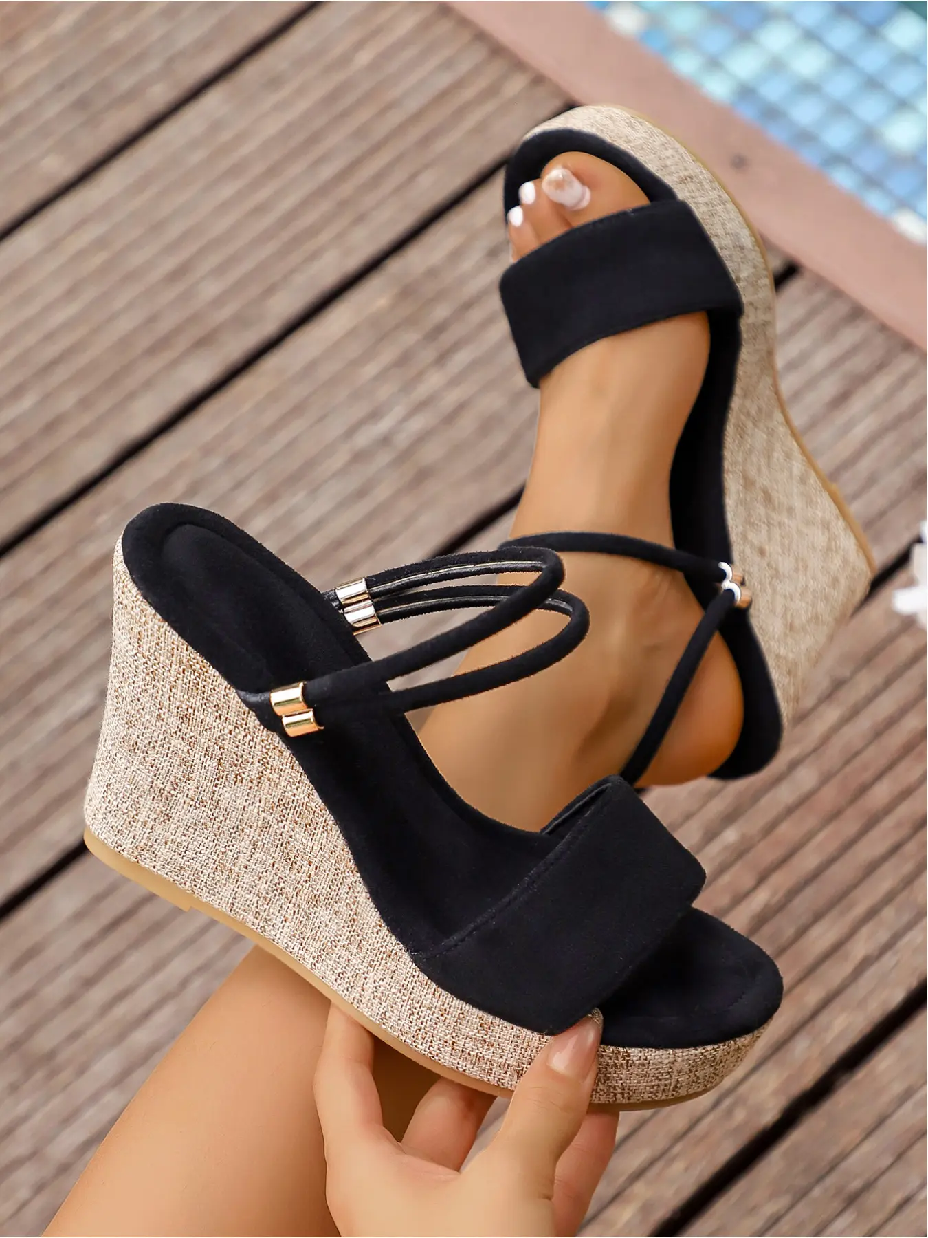 Versatile Beach Thin Dual-Strap Platform Jute Texture Wedge Slides, Open-Toe Summer Women's Shoes