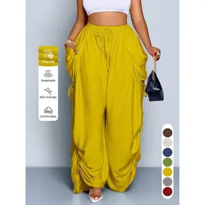 Women Linen Cotton Spandex Wide Leg Palazzo Pants Elastic Drawstring High Waist Loose Baggy Harem Trousers Side Pockets Ruched Tie Split Flowy Casual Summer Beach Lounge Pants Plus Size Streetwear Vacation Oversized Soft Breathable Skin Friendly Lightweig
