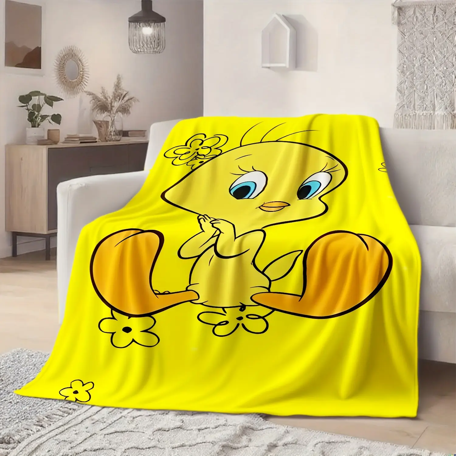 Tweety Bird Cartoon Flannel Blanket Bright Yellow Background Floral Print Soft Warm Throw Blanket Sofa Bed Decor For Kids
