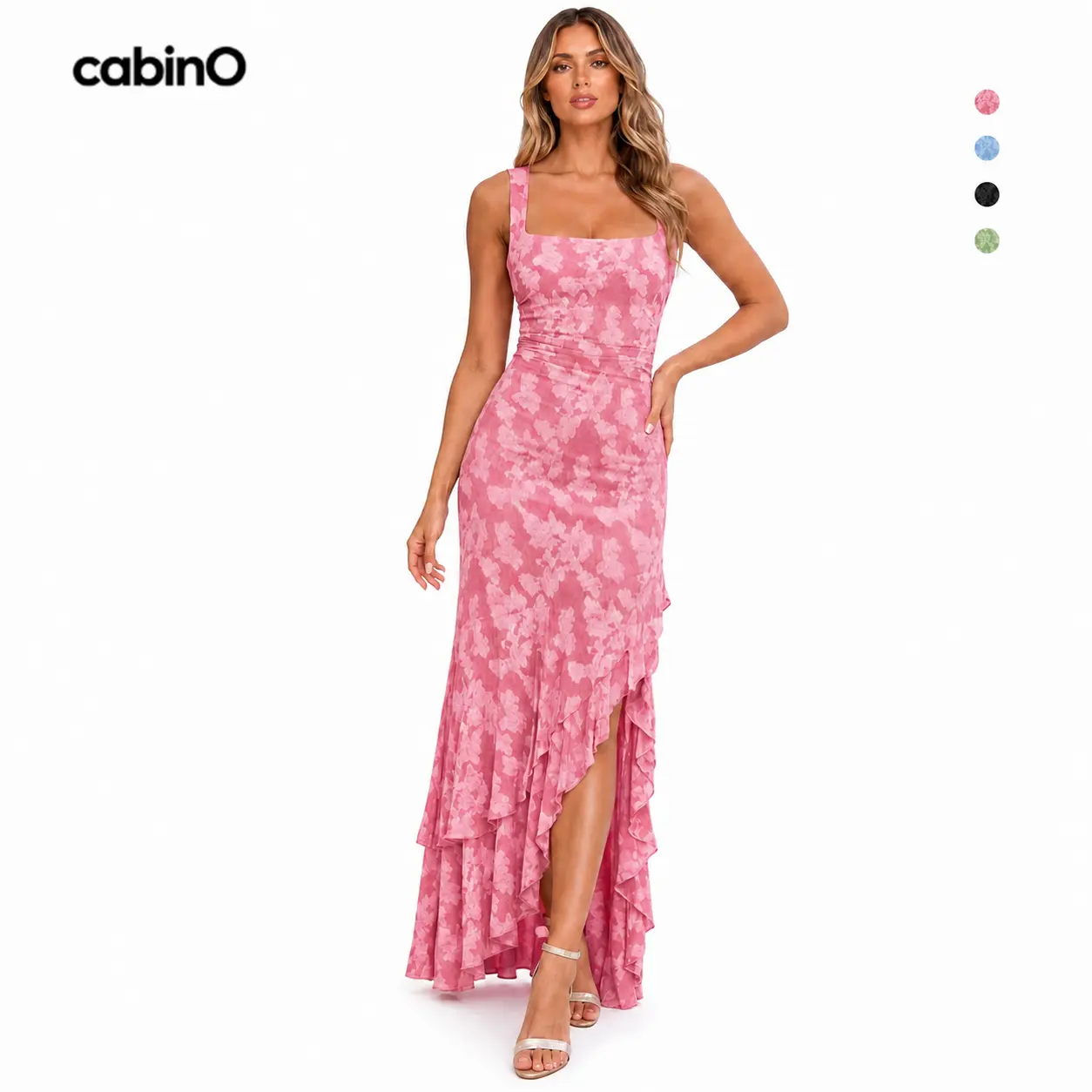 Cabino Women’s Pink Floral Embroidered Mermaid Maxi Dress, Square-Neck Sleeveless Ruched Bodycon Formal Gown with Ruffle High-Low Hem and Front Slit for Wedding Guest, Cocktail Party and Evening Wear