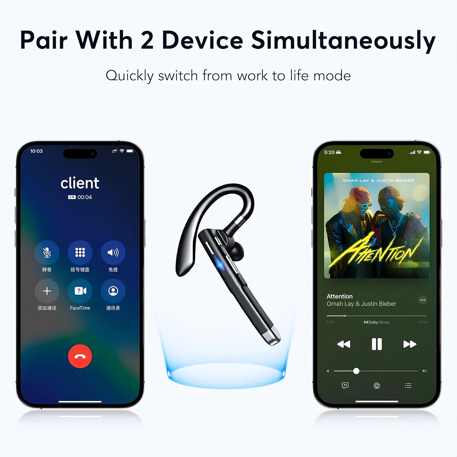 Bluetooth Headset, Wireless Single-Ear Earpiece with Noise Cancelling & Built-in Microphone, Mic for Hands-Free Calling, 500mAh LED Charging Case, Bluetooth 5.3, Long Battery Life, Office, Travel, Android/iOS Compatible