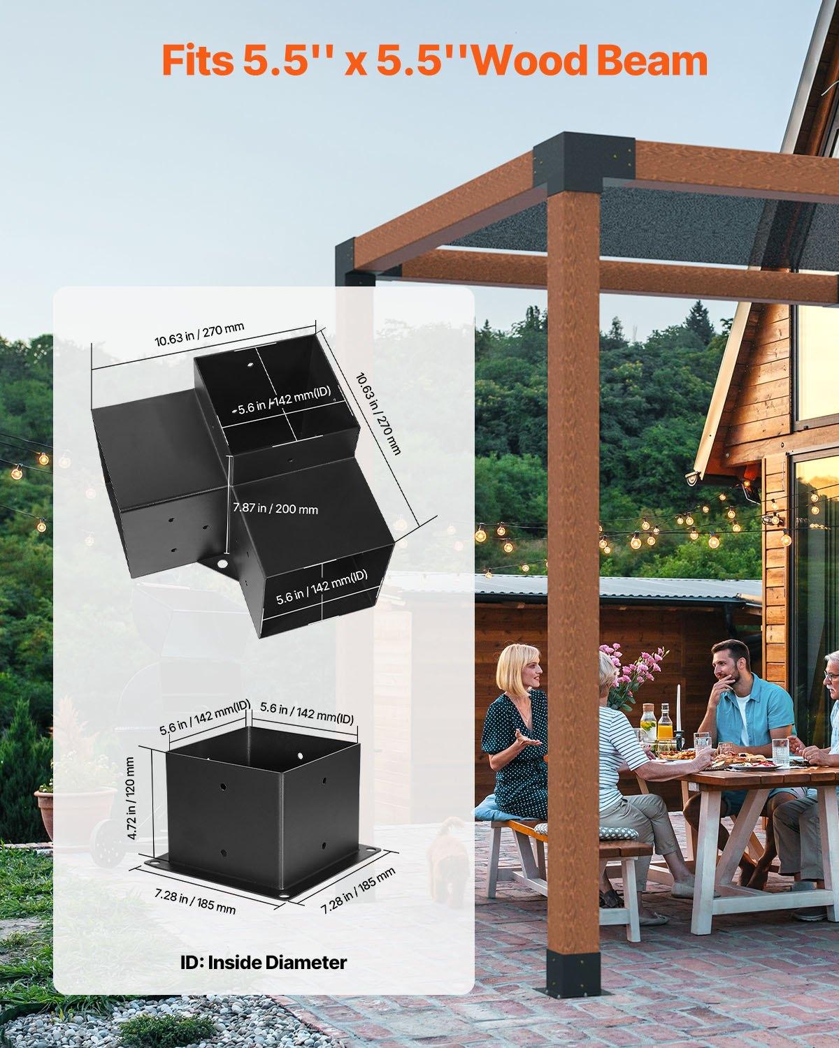 VEVOR Pergola Bracket Kit, 6x6 Inch (Inner Size 5.5x5.5), 4 Pcs 3-Way Heavy Duty Corner Bracket Woodworks DIY Post Base Kit, Easy Installation Wooden Beams for Gazebos, Patio Pergolas, Log Cabin