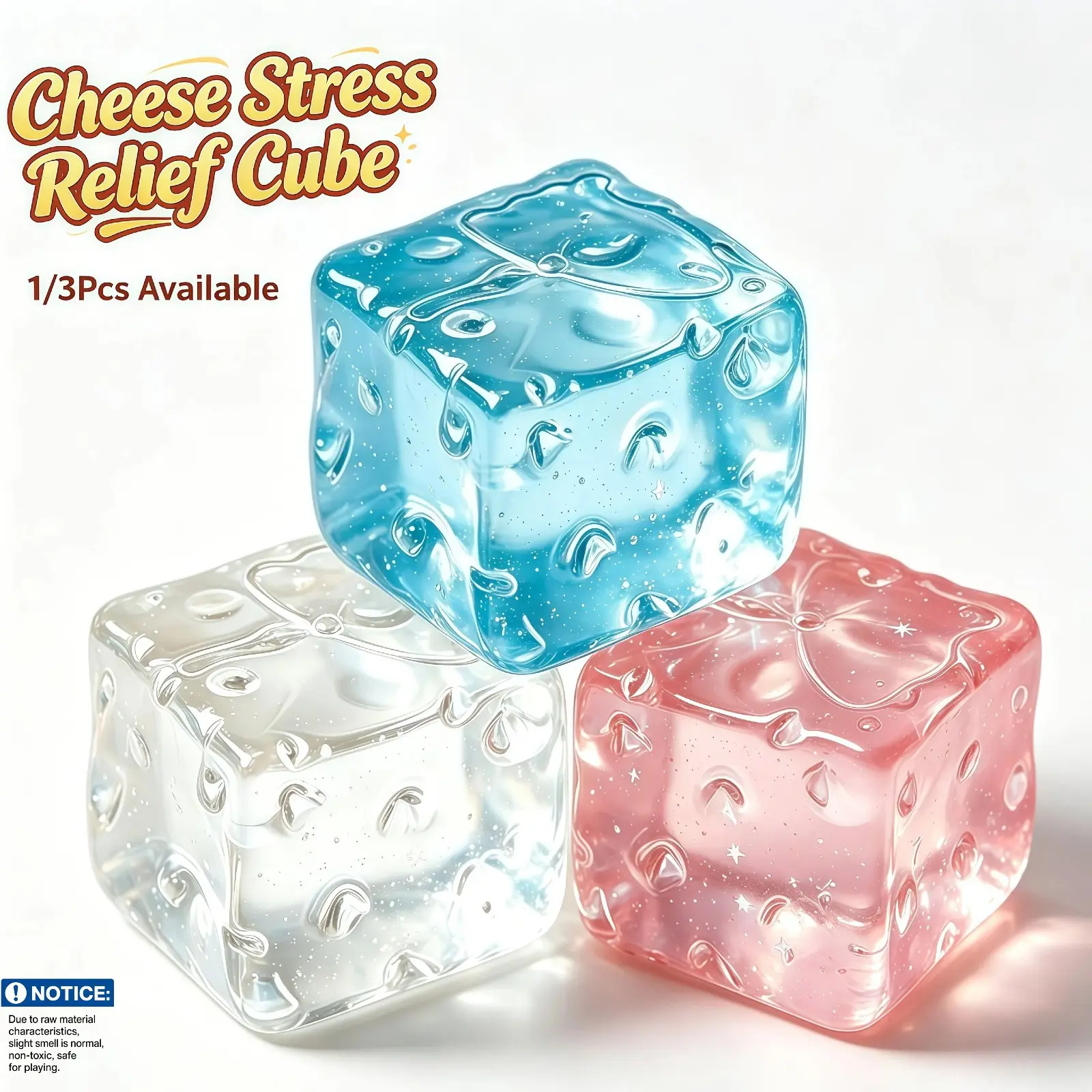 Cheese Anxiety Squishy - 3 Colors Transparent Cube Slow Rising， Pure Cheese Cube Stress Balls, Sensory Fidget Toy for Anxiety Relief, Square Shape Squishy Balls, Party Favors.