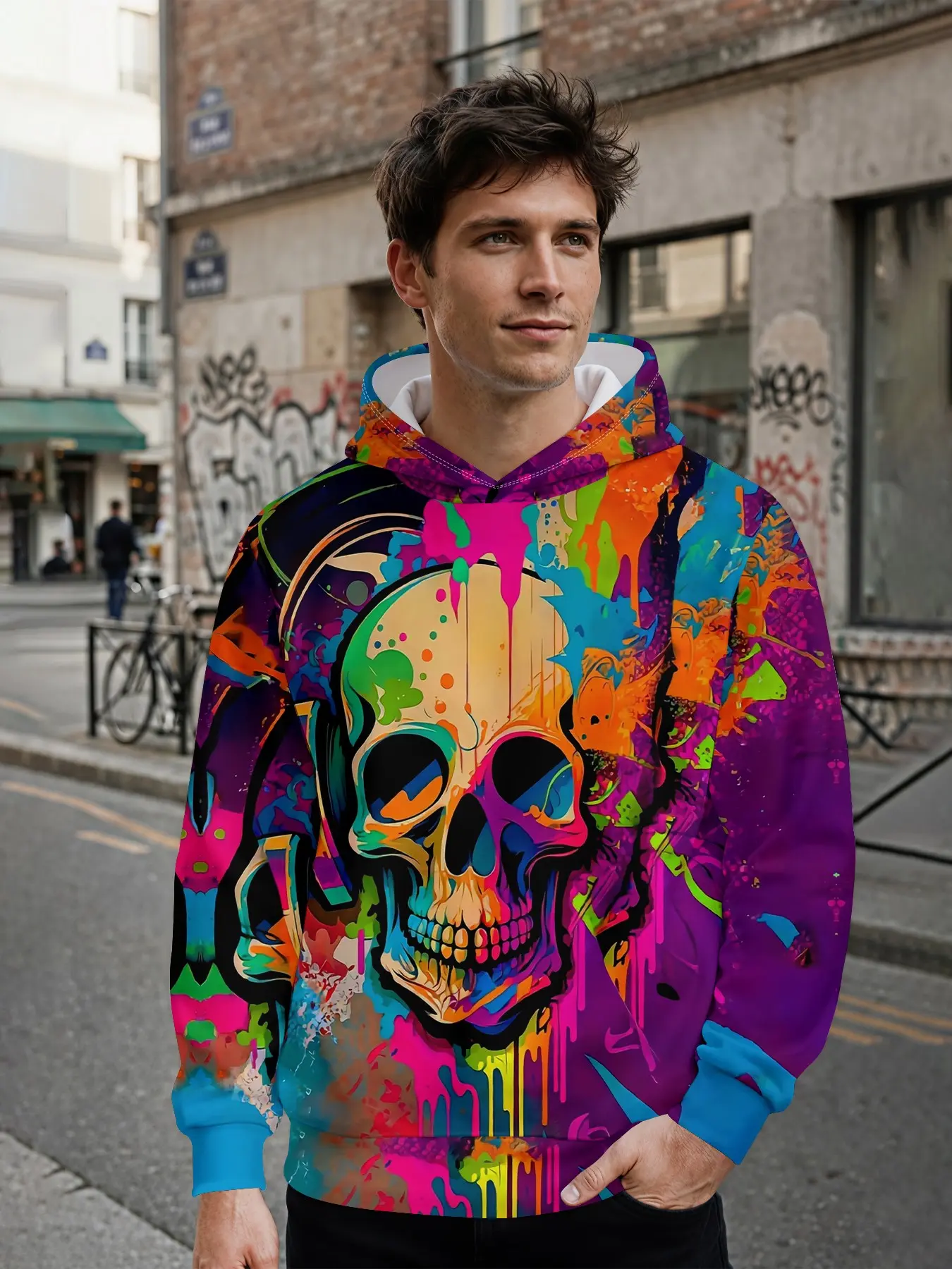Men's 3D digital print hoodie with colorful splashed ink flowing gradient skull street graffiti all-over print. The full-print design stands out for daily street looks and music festival outfits, making it an ideal holiday gift for men.