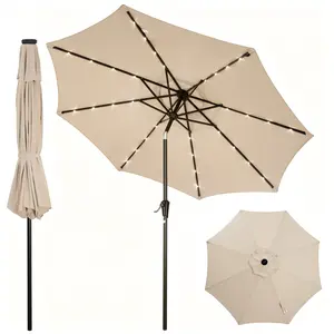 Garvee 9 FT Solar Powered Patio Umbrella with 32 LED Lights - Outdoor Market Table Umbrella with Push-Button Tilt & Crank Lift - Heavy Duty 8-Rib Sun Shade for Deck, Garden & Poolside