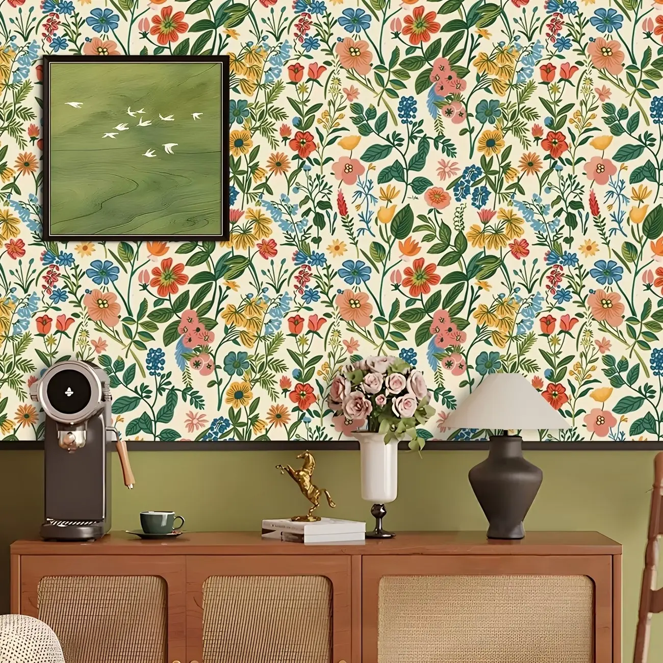 Vintage Multicolor Wildflower Wallpaper, Peel and Stick Floral Mural, Mould-Proof, for Bedroom, Living Room, Wedding Decor