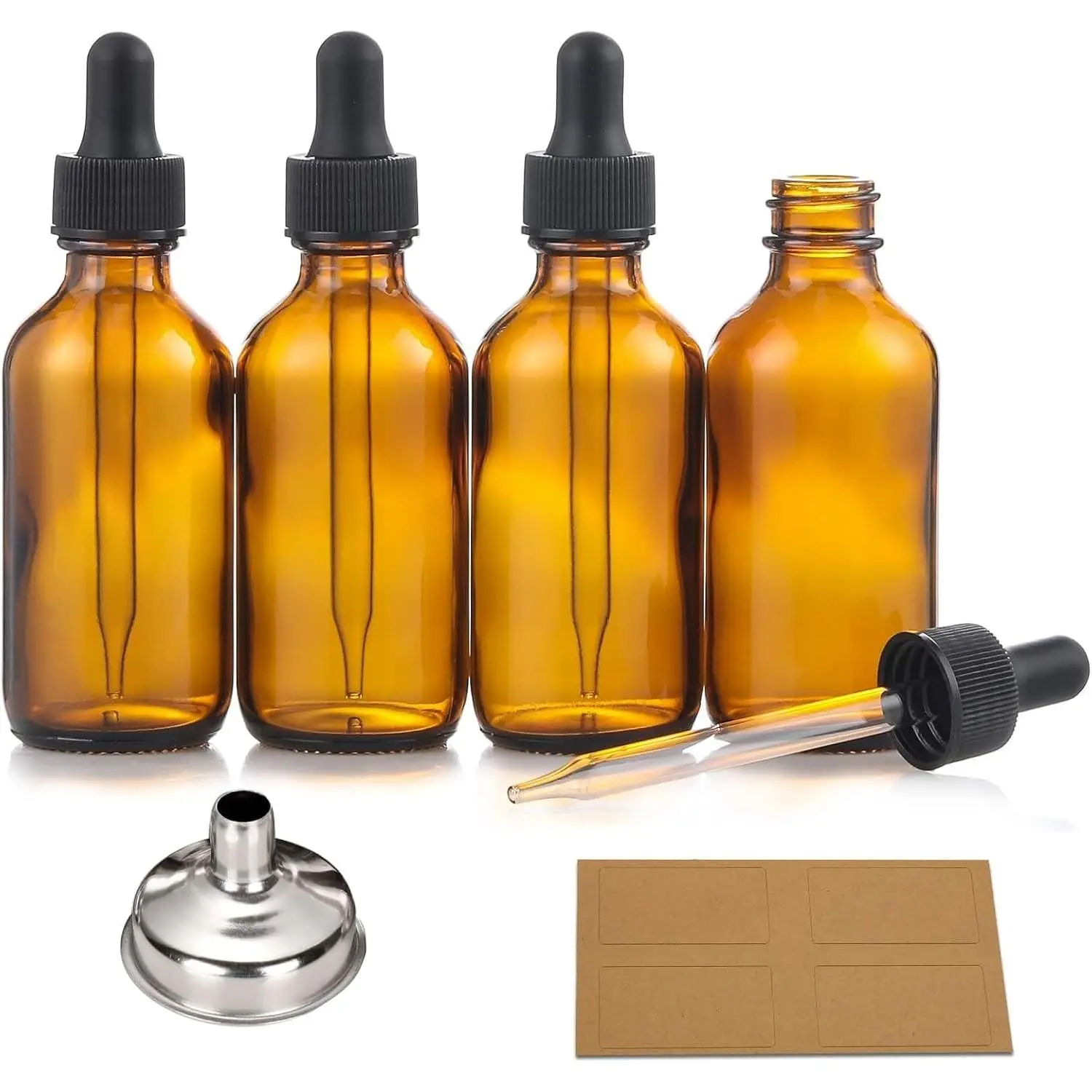 4 Pack 2 oz (60ml) Amber Glass Dropper Bottles with Funnel & 4 Labels - Thick Dark Essential Oil Tincture Bottles, Refillable Cosmetic Containers for Health, Personal Care & BeautyGift