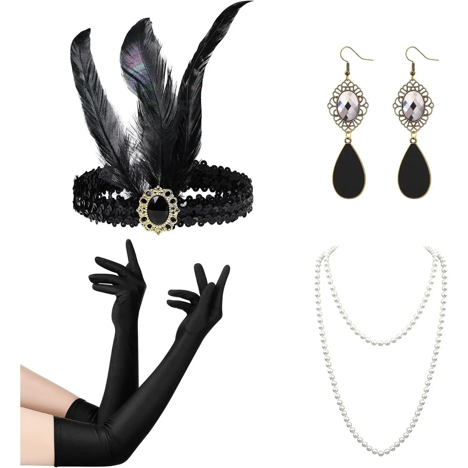 Women's 1920s Flapper Costume Set with Roaring 20s Headband Headpiece Accessories for Halloween Party CosplayGift