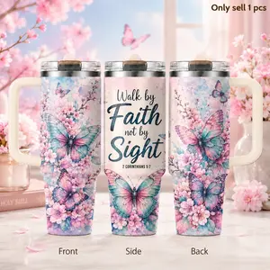 Faith Floral Butterfly 40oz Tumbler – Inspirational Christian Style Stainless Steel Insulated Travel Mug with Handle & Straw Lid for Coffee, Water, Church, Office, Gym, Car, Positive Gift