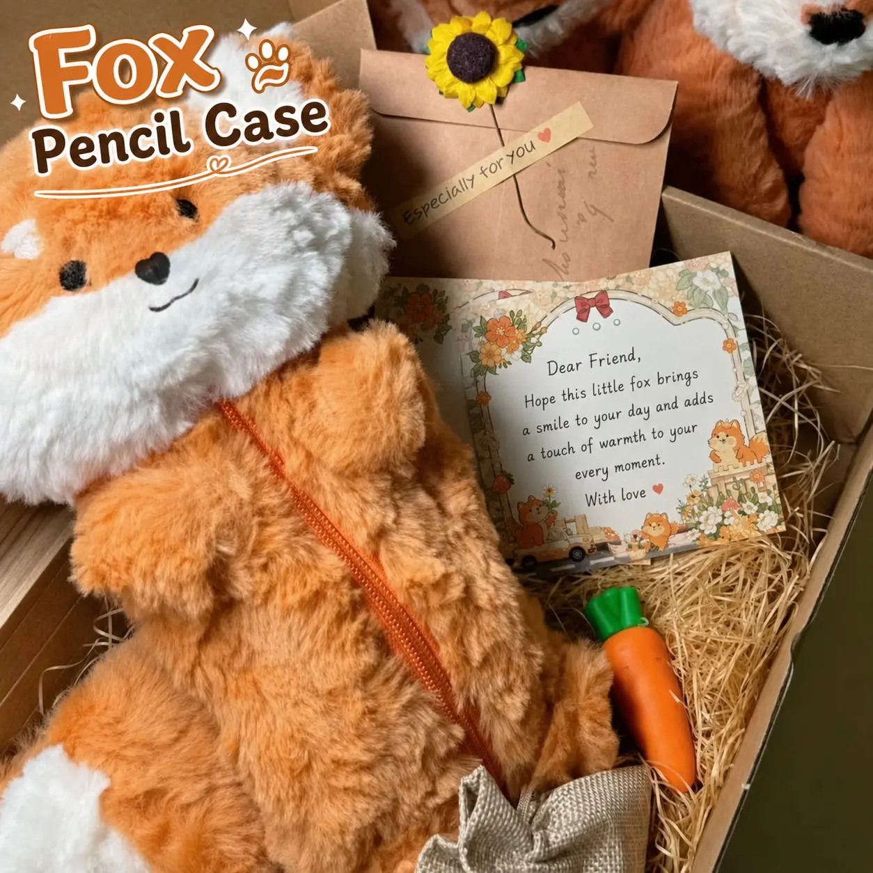40cm Cute Fox Plush Toy, Soft Huggable Stuffed Animal Plushie with Zipper, Kawaii Cuddle Buddy, Cozy Room Decor, Birthday & Holiday Stuffed Animal Gifts