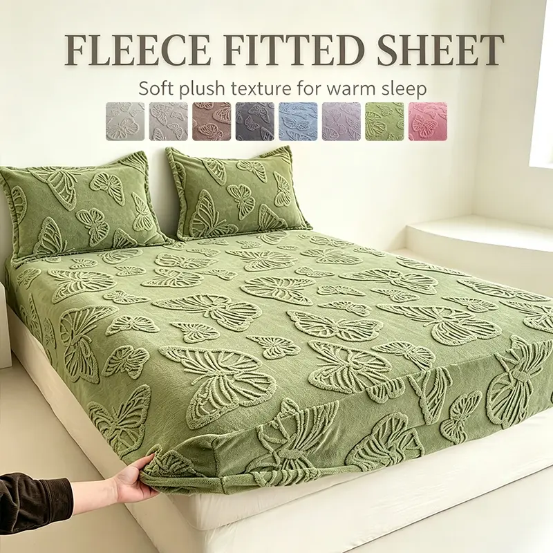 Comfort Tufted Butterfly Pattern Fluffy Plush Mattress Fitted Sheet, Thick Warm Soft Secure Elastic Wrap, Gentle Neutral Tone Bedding to Create Warm Cozy Bedroom Vibe