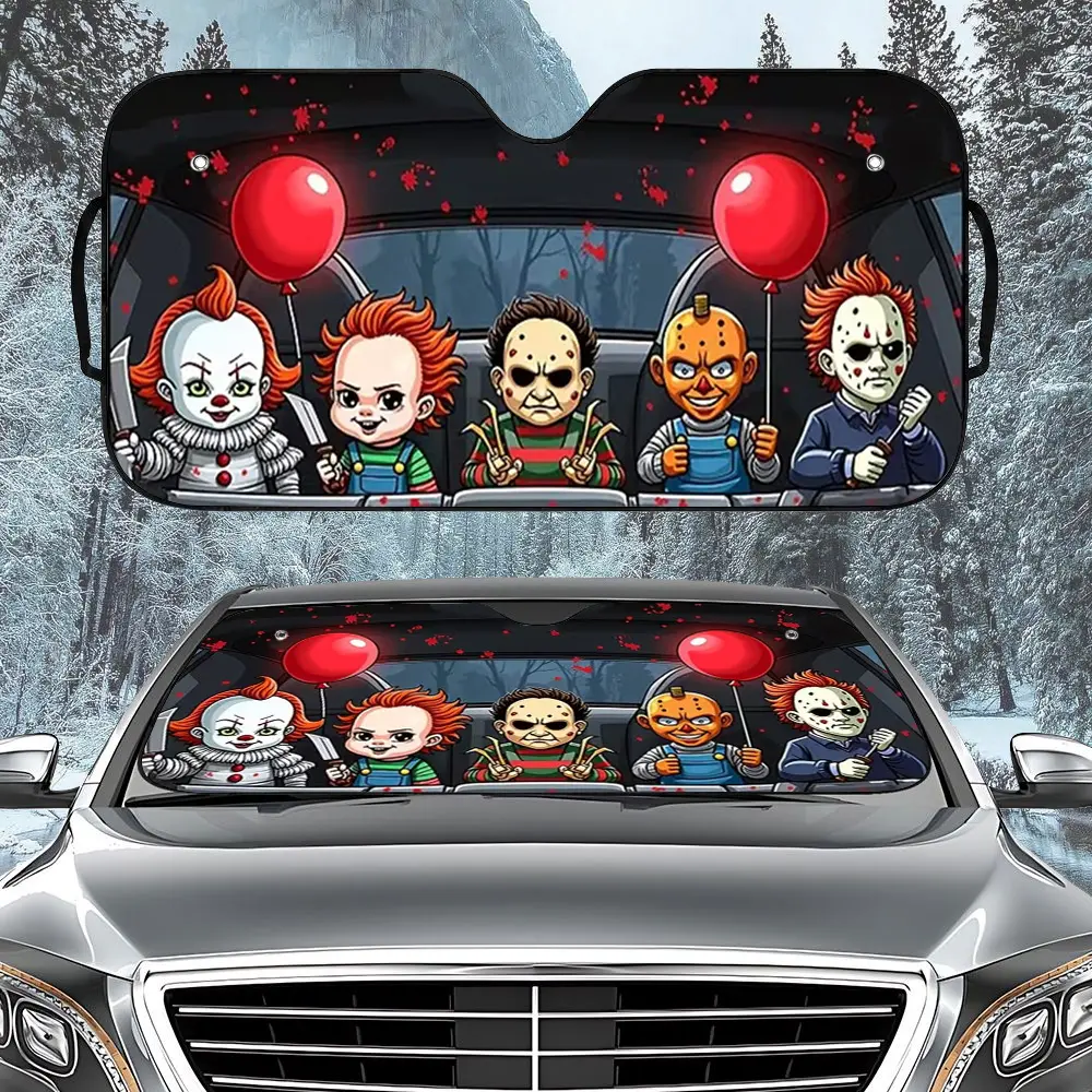 1pc Red Balloon Horror Movie Character Car Sunshade,  Fit for Small and Large Cars with 2 Sizes to Choose, Ideal Holiday Gift, Car Windshield Sun Visor to Keep Your Vehicle Cool and Prevent Interior Aging, Includes 2 Suction Cups for Easy
