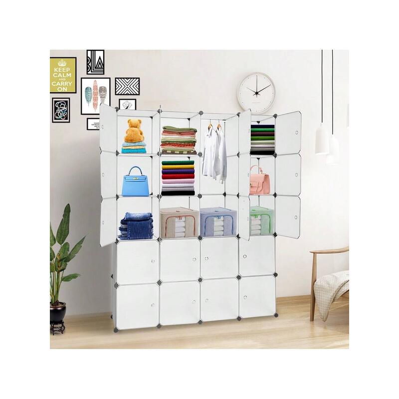 outstanding quality  1pc 20 Organizer Stackable Plastic Cube Storage Shees Design Multifunctional Modular Closet Cabinet With Hanging Rod White