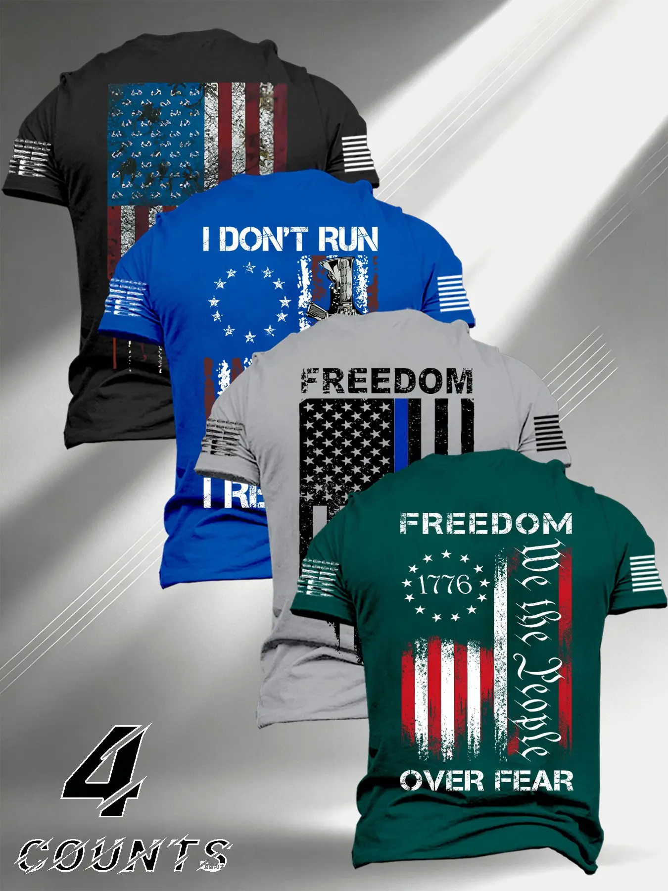 4-Pack Men's Slim Fit Patriotic T-Shirts, American Flag Print Breathable Short Sleeve, Summer Essential, Street Style Streetwear, Loose-Fitting