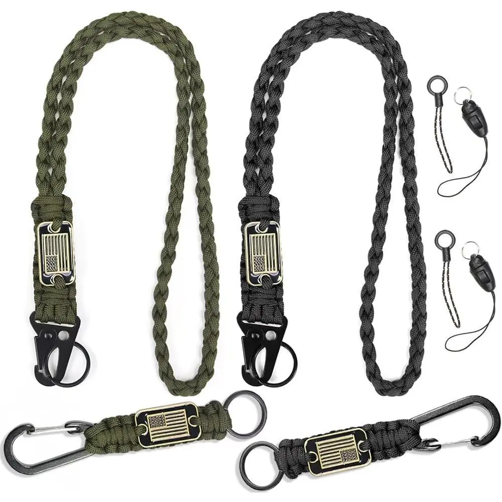 2/4PCS Heavy Duty Paracord Lanyard Keychains with USA Flag, Braided Long/Short Lanyards for Men’s Keys (Office Identification Badge Accessory)