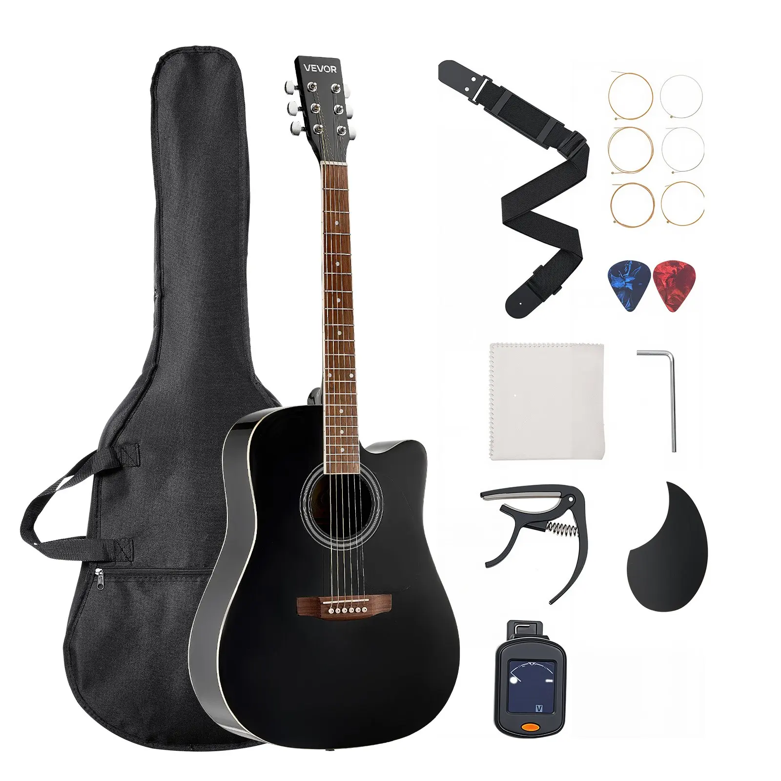 VEVOR Cutway Acoustic Guitar, 41 in, 6-String Black Solid Spruce Top Guitar, Beginner Bundle with Gig Bag, Tuner, Strap, Strings, Picks, Capo, Rosewood Fingerboard, for Adult Fingerstyle Solo Jazz