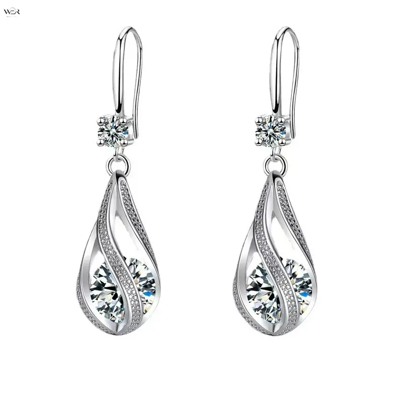 Women's Silver-Tone Twisted Hollow Frame Teardrop Earrings - Lightweight Cubic Zirconia Crystal Inlay Fish Hook Dangles, Multi-Color Evening Wear Jewelry, Teardrop Shape, Earrings For Women, 1 Pair, 1Cm Widest Width, 3.8Cm Vertical Length, Cz Accent, Eleg