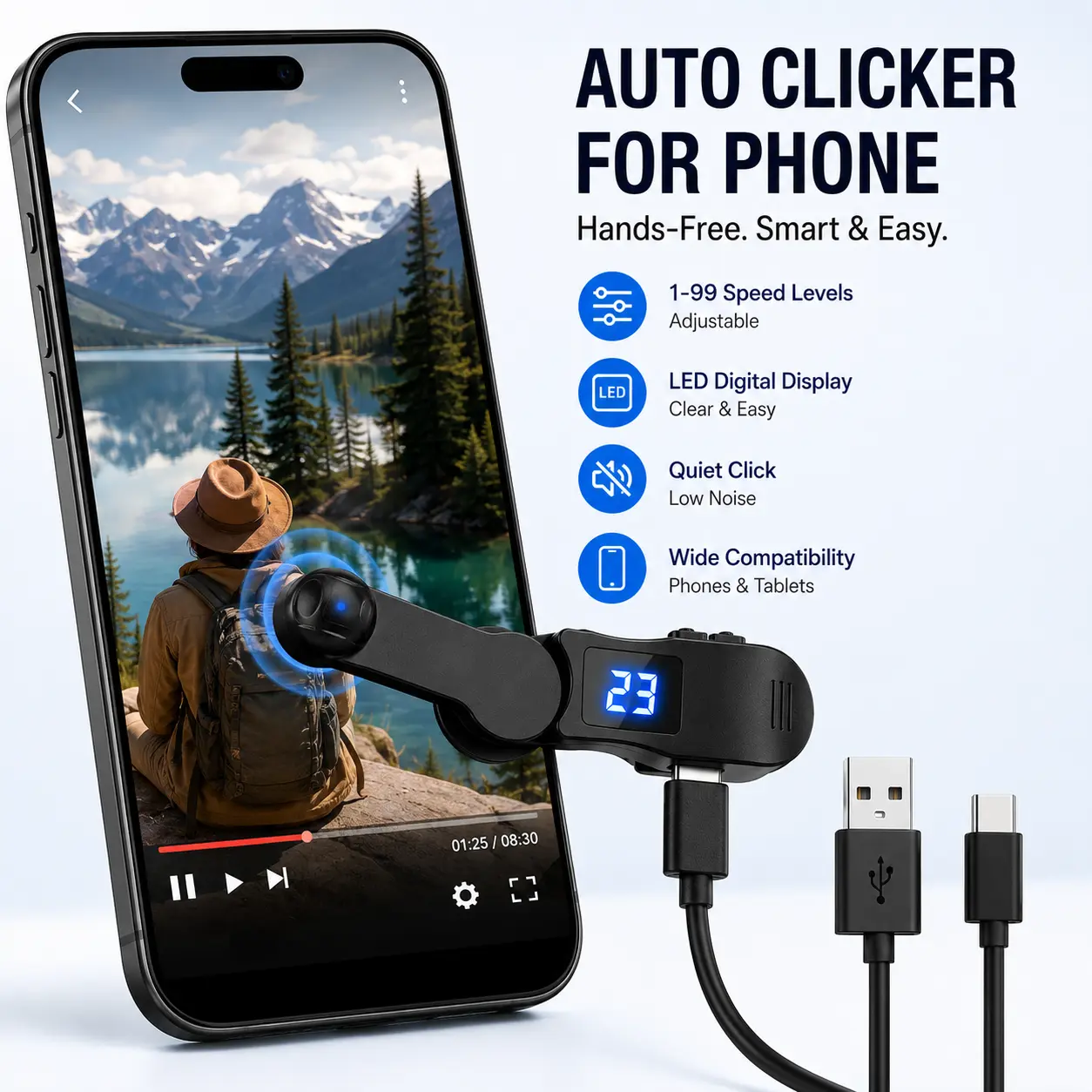 USB Powered Auto Clicker for Phone, Adjustable Screen Tapper with Digital Display, Automatic Phone Touch Device, Quiet Clicker for Reading, Mobile Games & Everyday Tasks