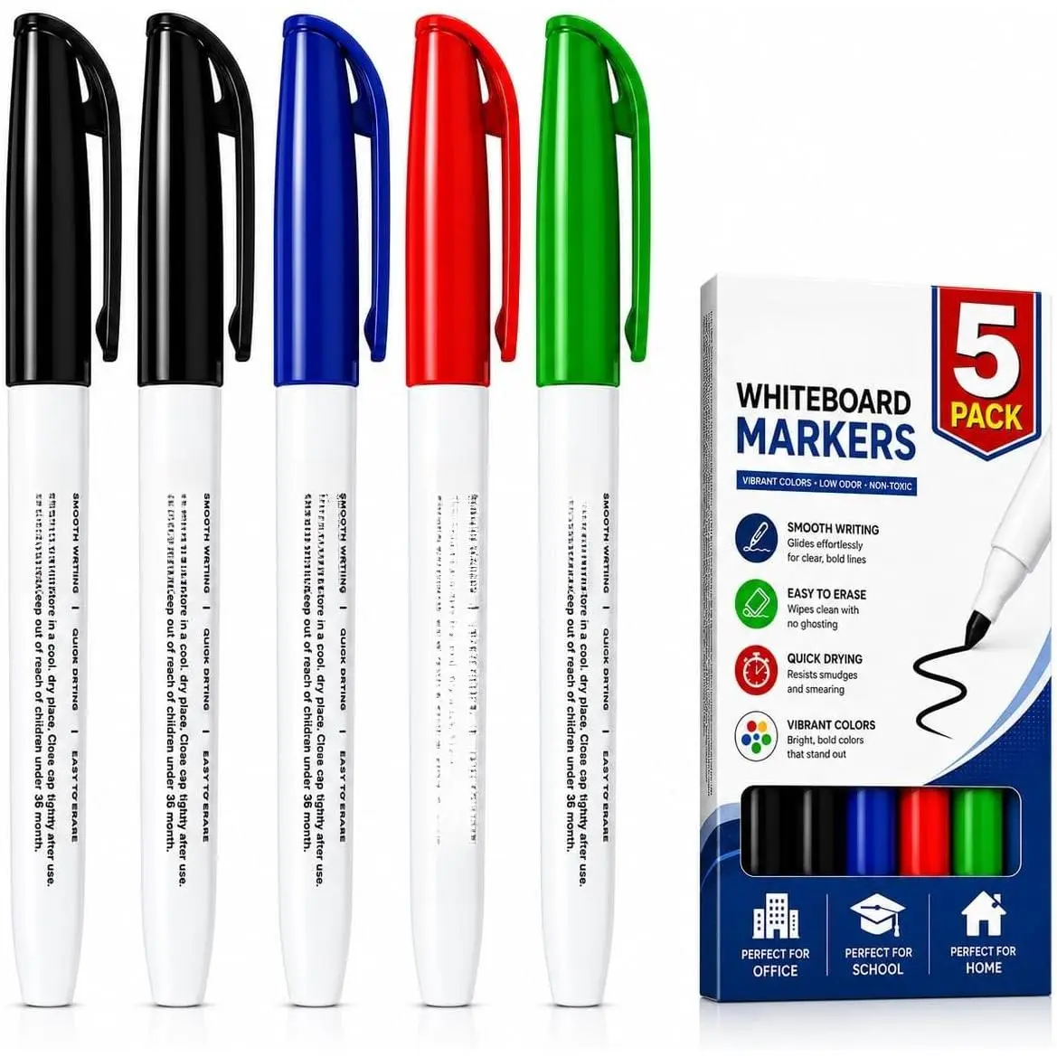 Dry Erase Markers 5 Pack,  Tip Whiteboard Markers with 2 Black, Smooth Writing & Ultra Clean Erase, 1–3.2mm Fine Point White Board Markers for School, Office, , Teacher Supplies