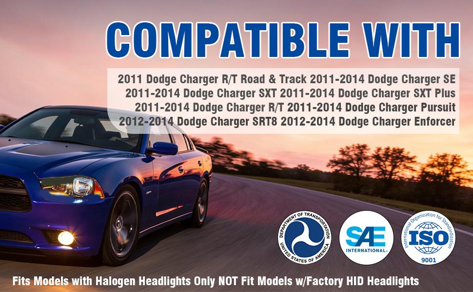 Headlight Assembly w/Bulbs Compatible with 2011-2014 Dodge Charger OE Halogen Headlamp Black Housing Amber Reflector Replacement Driver and Passenger Side