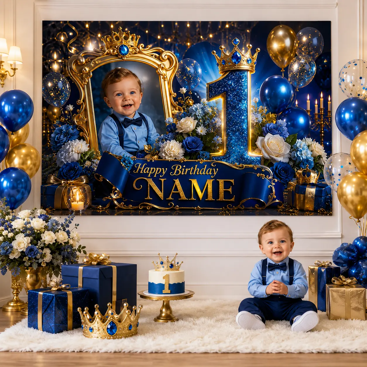 Personalized Royal Blue Gold 1st Birthday Backdrop, Custom Name Crown Number 1 Photo Banner, Elegant Baby Birthday Party Decoration (Home & Festive Party Supplies)