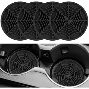 4PCS Spider Web Car Coasters for Cup Holders, Halloween Funny Non-Slip Silicone Insert Ornaments Coasters, Automotive Cupholder Goth Accessories for Men & Women(Black)