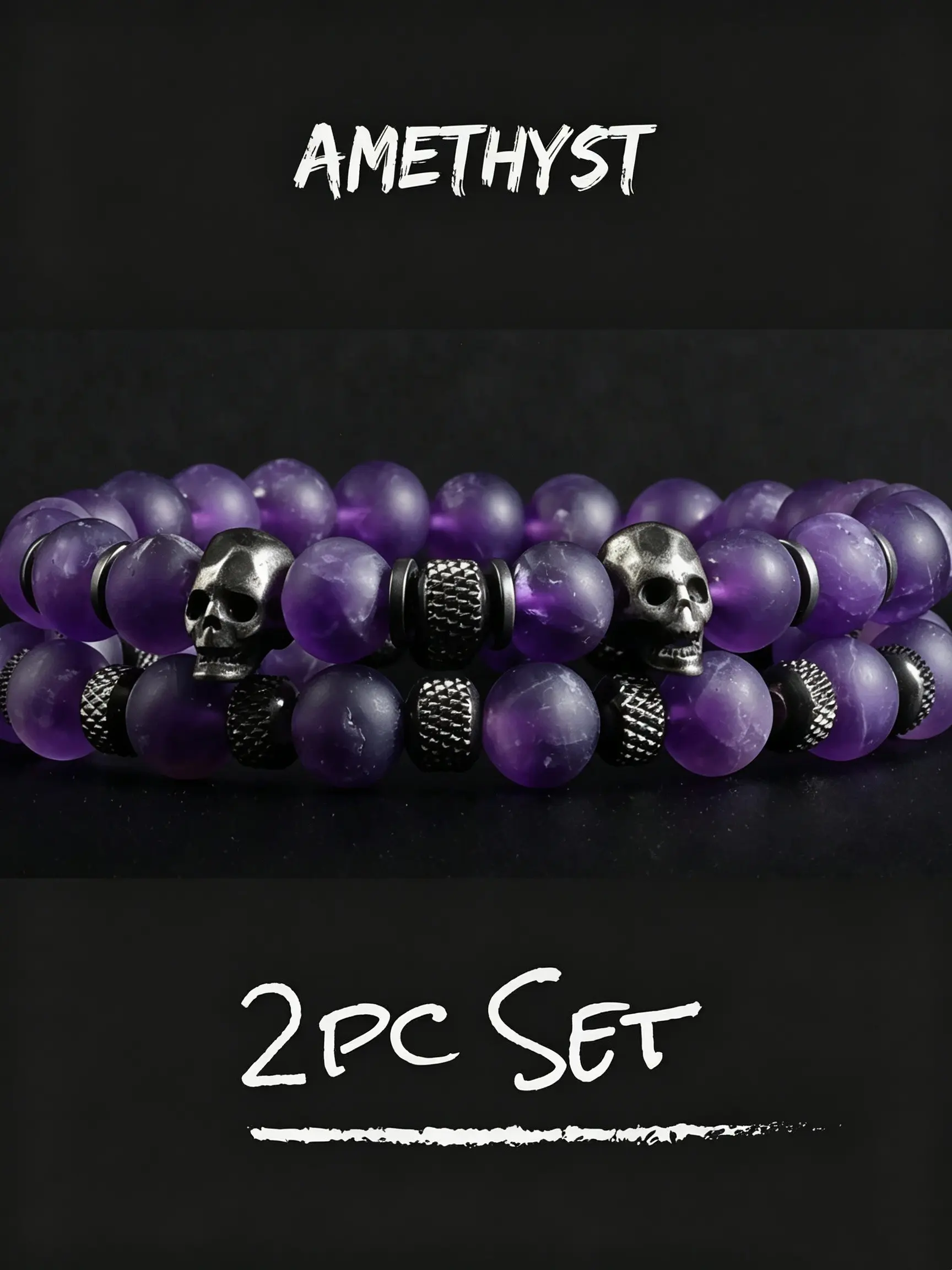 2pcs/set Natural Amethyst Men's Elastic Wristband, Stainless Steel Vintage Polygon Skull Stone Bead Bracelet, Beaded Bracelets, Fashion Jewelry Gift