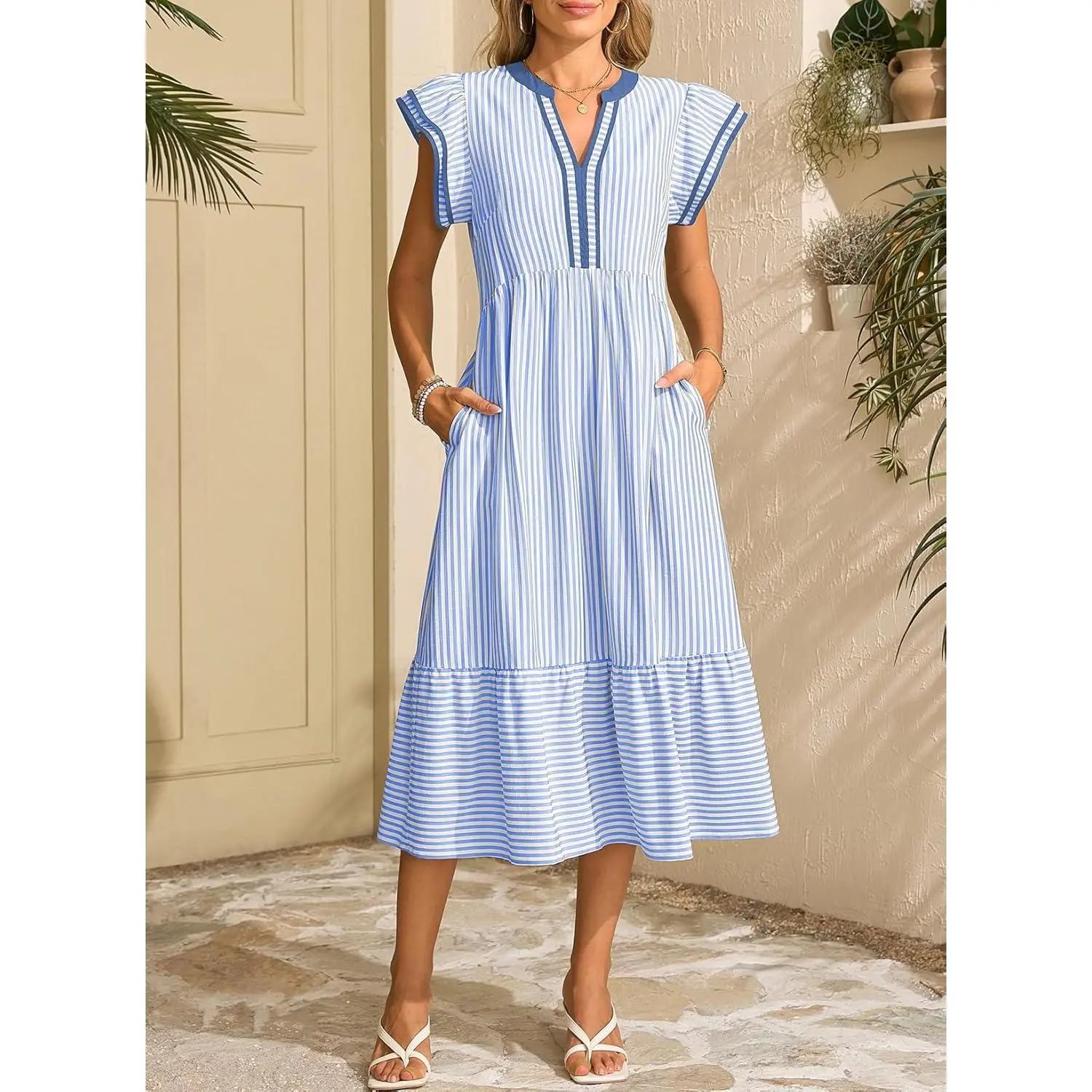 Women's Striped V-Neck Sundress, Flowy Ruffle Cap Sleeve Empire Waist Midi Dress with Pockets for Vacation, Beach, Teacher Outfits, Cute, Smooth, Shirt, Work Dresses, Teacher Dresses