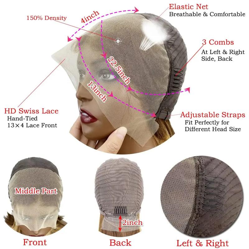 14 Inch Highlight Short Bob Human Hair Wigs 4/27 Color Brazilian Hair Honey Blond Straight 13x4 Lace Front Wigs For Black Women