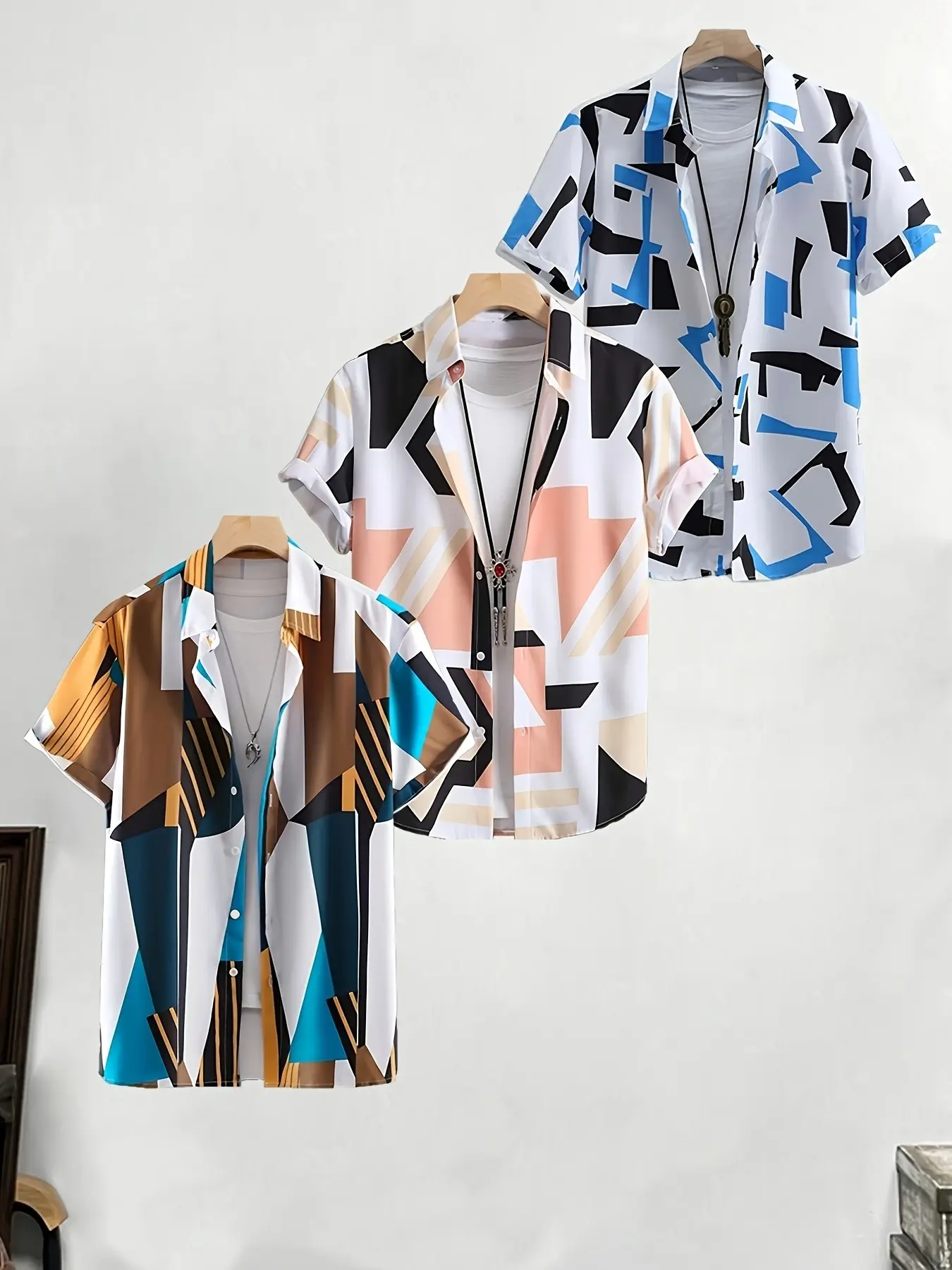 Men's Casual Abstract Geometric Blouse, Short Sleeve Fitted Shirt Set, All Seasons Random Print, Unlined Plain Surface, China Made