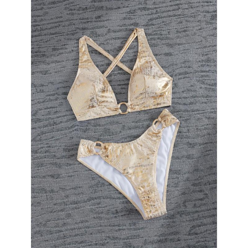 Ladies' Sexy Golden Foil Fabric Cross Strap Beach Swimsuit