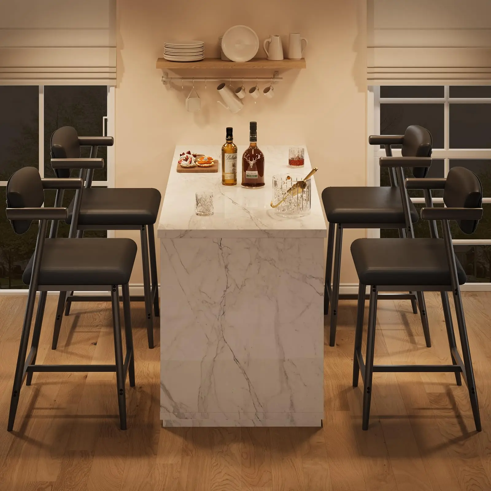 4 Modern Industrial Upholstered Bar Chairs - 26in Wide Padded Seat - Ergonomic Backrest - Armrests - Metal Footrest - Easy Assembly - Black - Ideal for Kitchen Island, Dining Space, Padding