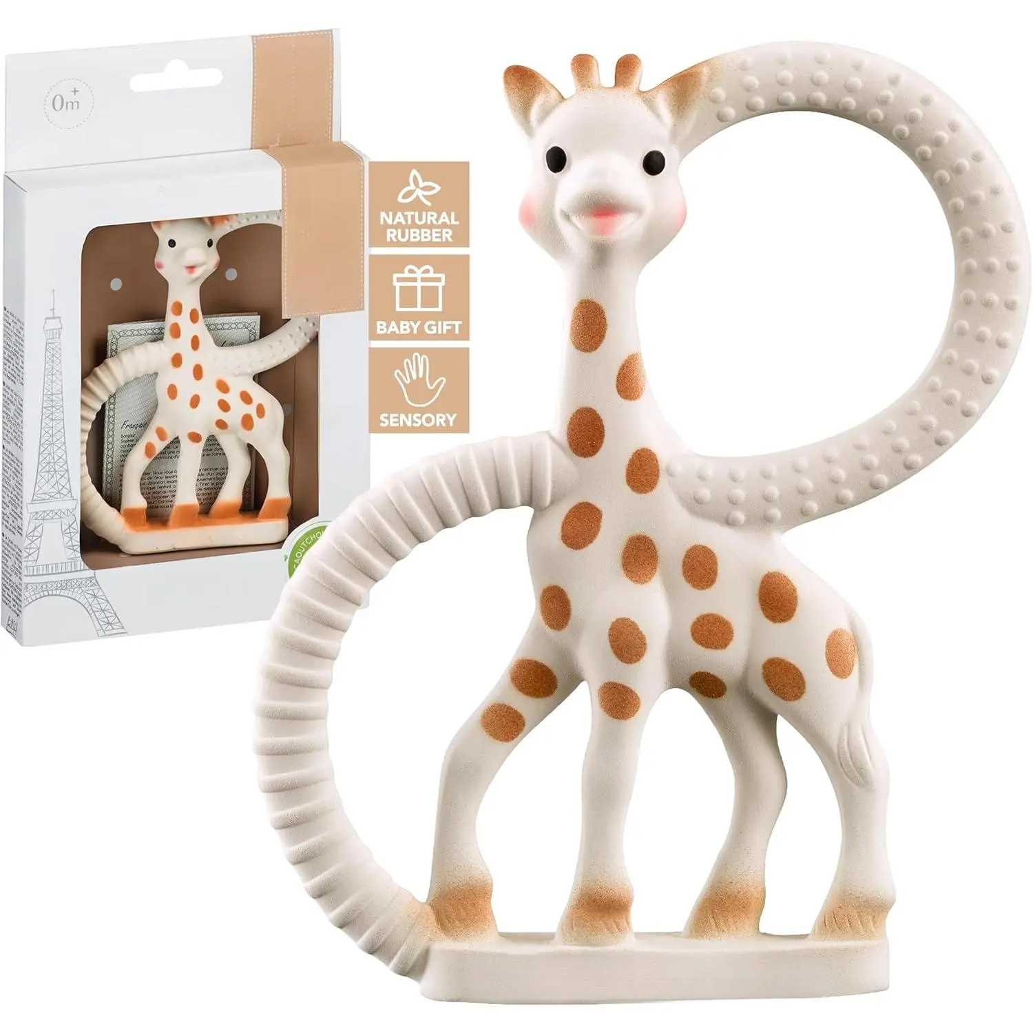 The giraffe Teething Ring |     Made from Natural Rubber |     Designed for Teething Babies |     Awaken All 5 Senses |     Easy to Clean