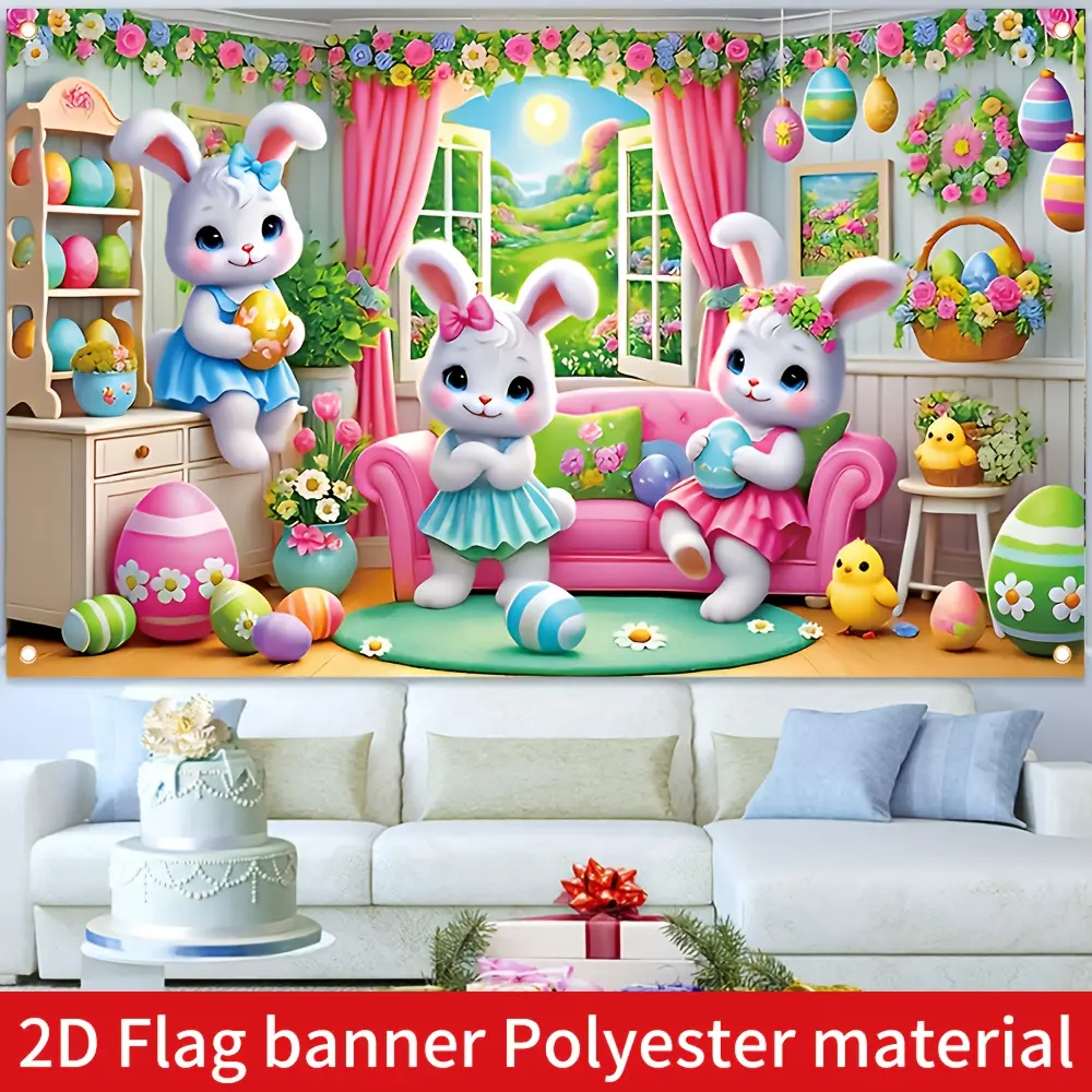 Easter Backdrop, Spring Holiday Party Banner With Bunny And Easter Theme Design, Polyester Wall Decor For Party Supplies, Gift Entrance, Home, Garden, Room Decoration And Photo Background