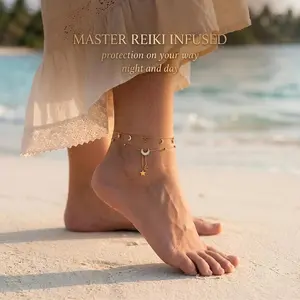Reiki Infused Celestial Anklet, Protection Gold Dainty Anklet, Moon and Stars Foot Jewelry, Spiritual Manifestation Amulet, Yoga Gifts