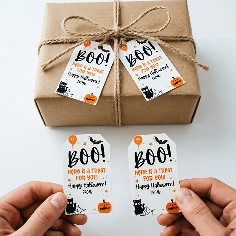 20 Halloween Candy Gift Tags, Boo Treat Party Favor Labels, Cat Pumpkin Design, Mini Hanging Tags for Candy Bags, Gift Bags, Halloween Decorations