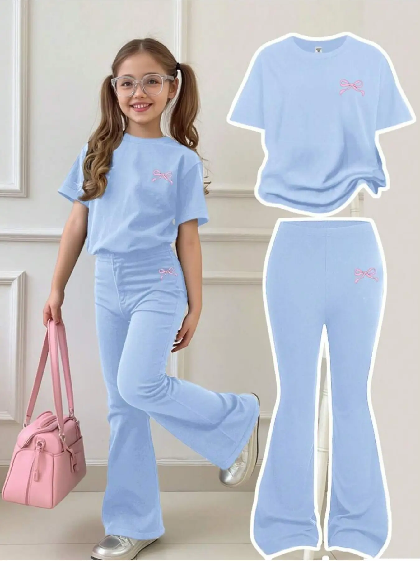 Classic everyday casual stretch lightweight small bow embroidery graphic short top and light blue flare long pants matching set for young girls after school picnic coffee date town sightseeing trending girls spring summer teen streetwear fashion inspo