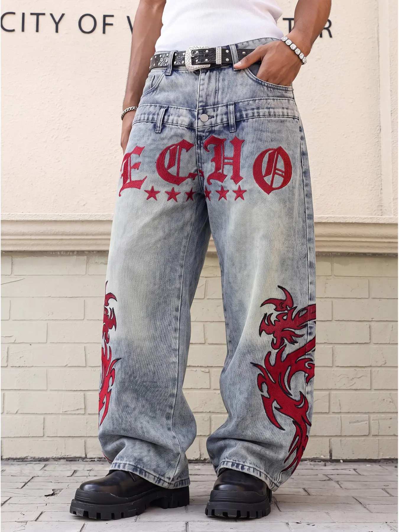 Men's Light Blue Embroidery Jeans Y2K Baggy Straight Leg Pants Gothic Letter Flame Graphic Streetwear Denim Trousers