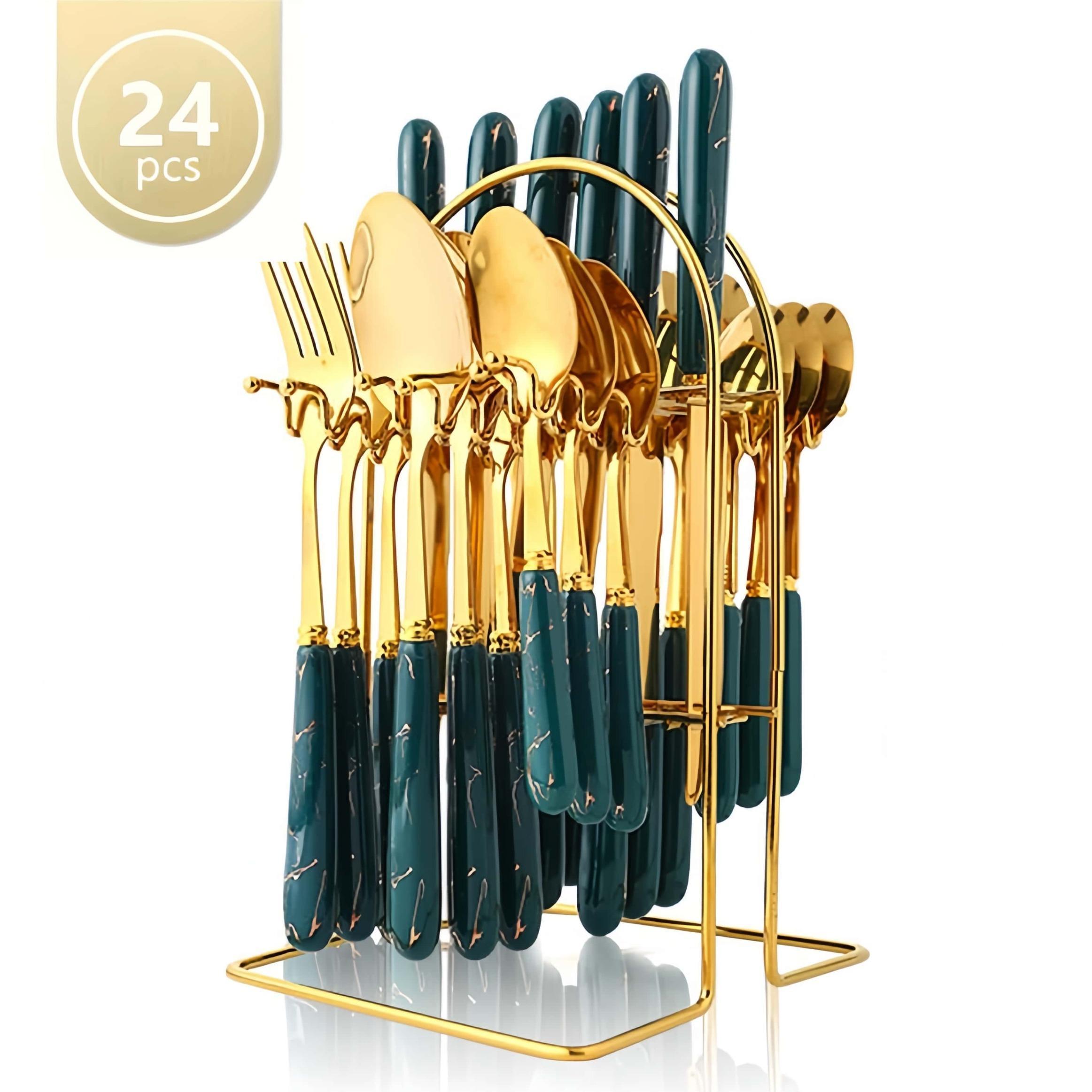 Modern Stainless Steel Cutlery Set with Holder, 24pcs/set Including Knives, Forks, and Spoons, Tableware Set for Home Kitchen Dining Room, Utensils