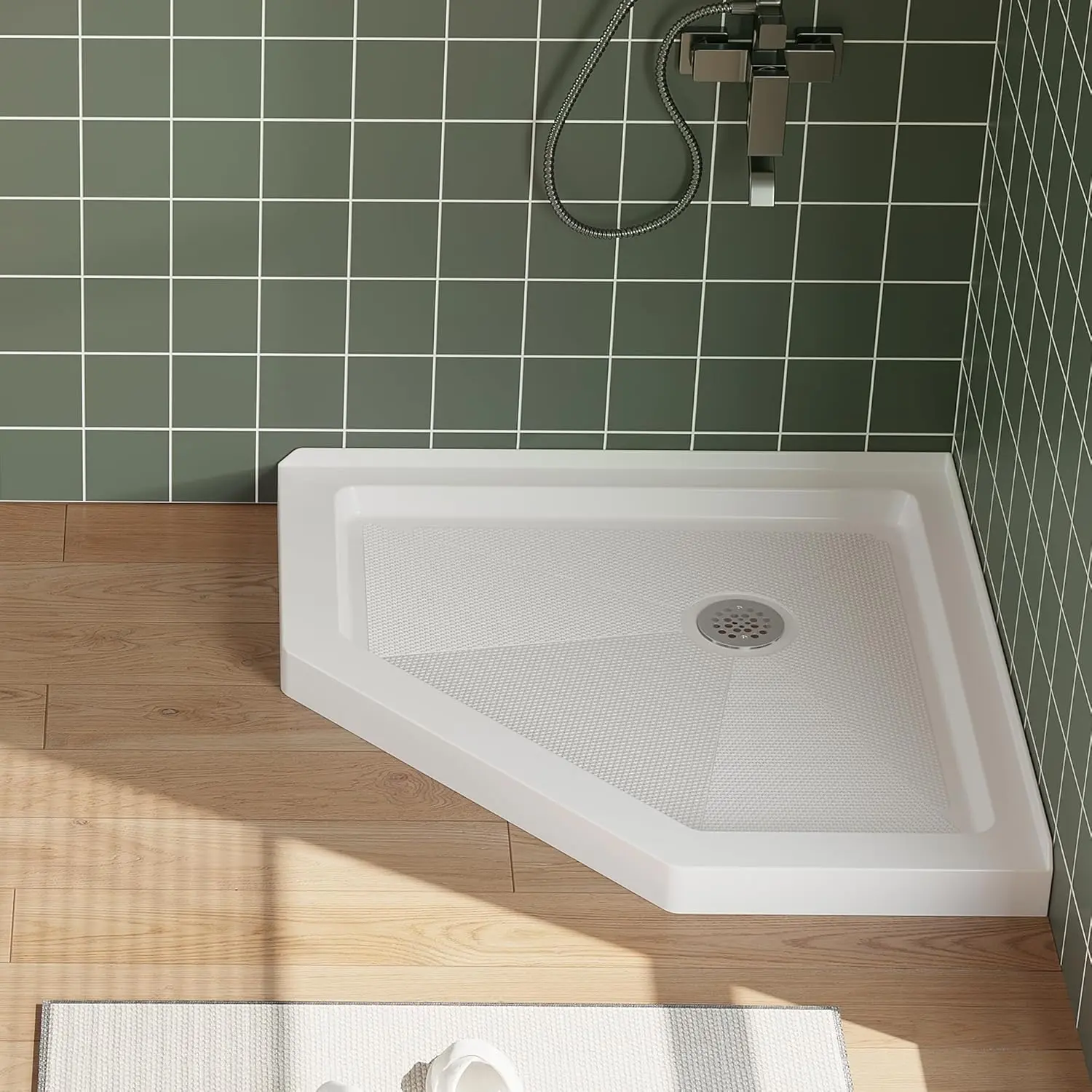 White 36" x 36" Neo-Angle Bathroom Fixture Shower Base with Drain Kit, 304 Stainless Steel Cover, Non-Slip Fiberglass Shower Pan, Single Threshold, 3-Side Flanges for Indoor Corner & Mobile Home Installation, Fixtures
