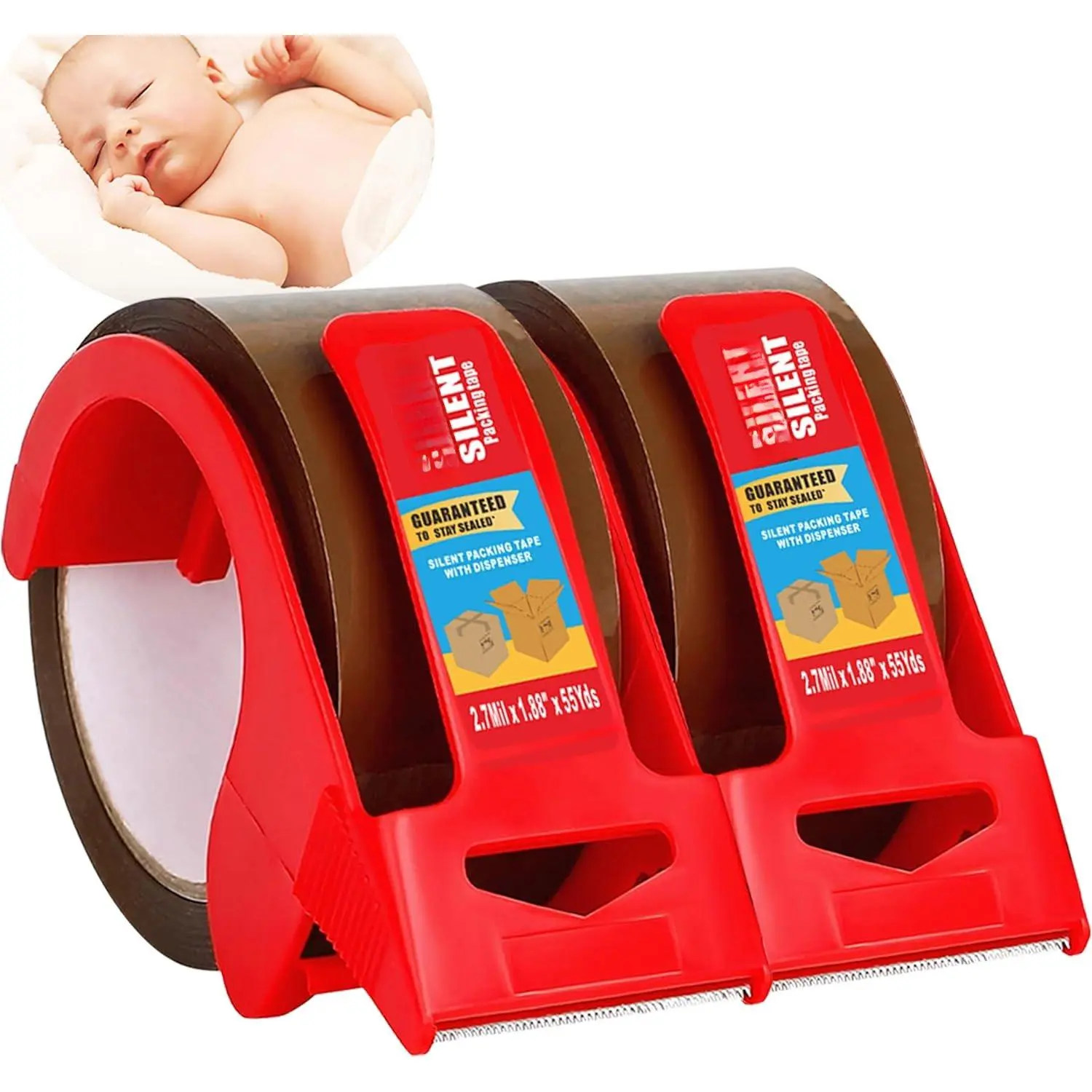 2-Pack No Noise Brown Packing Tape with Dispenser,2.7mil x 1.88" x 55Yds Heavy Duty Noiseless Packing Tape,Tan Packaging Tape for Shipping, Industrial Grade Moving Tape for Boxes