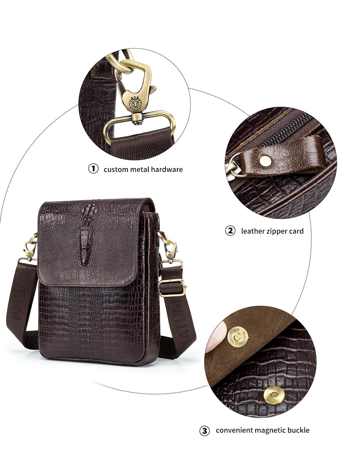 Men's Business Crocodile Embossed Crossbody Bag, Vintage Cowhide Shoulder Bag for Daily Used, Casual Trendy Versatile High-quality Daily Commuting Bag