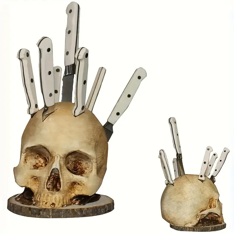 Skull Knife Holder for Kitchen Storage Skeleton Knife Stand Kitchen Decorations Horror Kitchen Storage Head Rack Kitchen Fruit Storage Rack Decoration Scary Party Fruit Storage Rack Gray