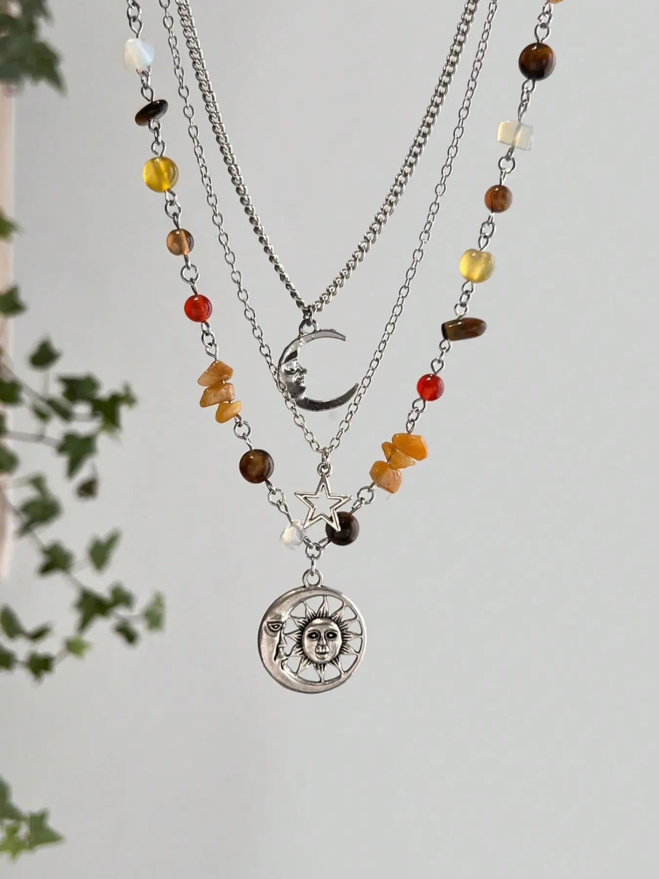 3-Piece Retro Multi-Element Metal Star Moon Sun Pendant Necklace Set, Bohemian Style Irregular Crystal Turquoise Beaded Necklaces, Women's Daily and Vacation Jewelry, Layered Mixed Necklaces, Stackable Necklace, Boho Necklace