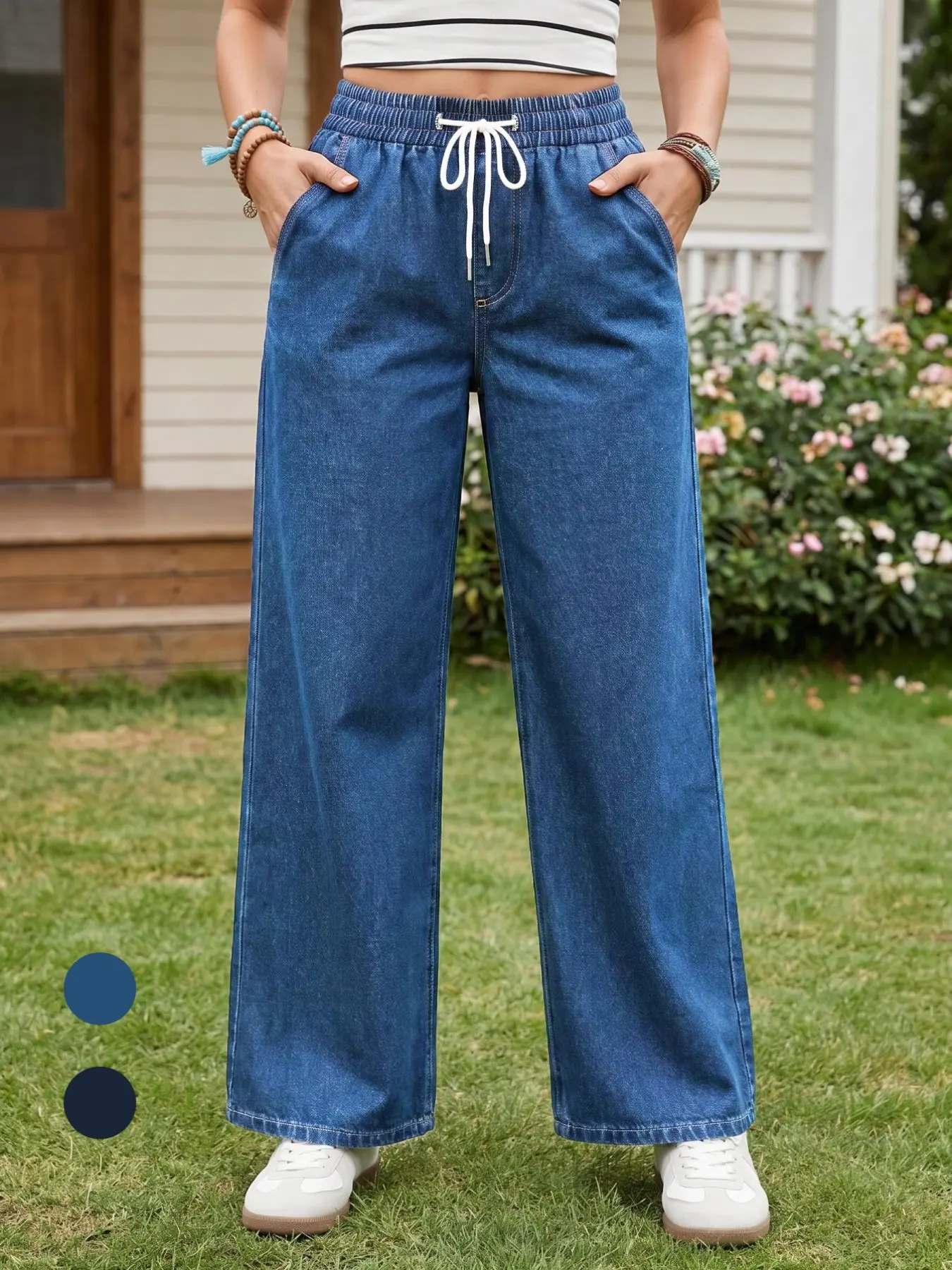 Women's Blue Denim Jeans, Comfortable Elastic Waist Drawstring Wide-Leg Jeans, Loose-Fit Long Trousers for Daily Commute and Casual Wear