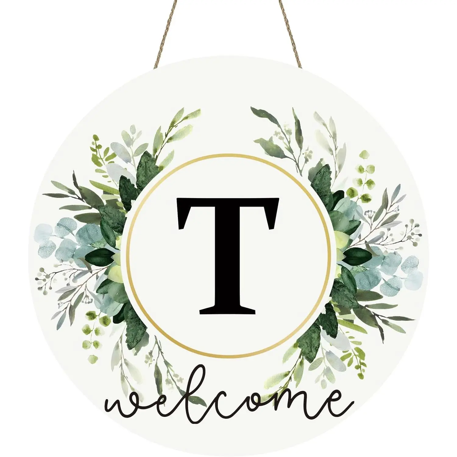 Monogram Letter T Wreaths for Front Door Wreath Wooden Welcome Sign for Front Door Decor Floral Family Last Name Initial House Warming Spring Summer Porch Rustic Wall  Kitchen Boho Decorations