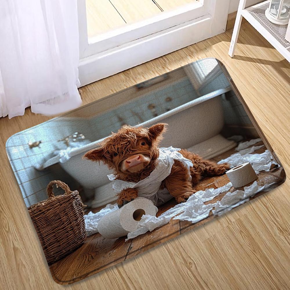1pc Adorable Highland Cow Bath Mat Cute Calf with Toilet Paper in Cozy Bathroom Setting Plush Flannel Bath Rug for Home Decor Perfect for Various Rooms Home Decor Accent, Room Decor Accessory, Animal Themed Mat, Highland Cow Decor